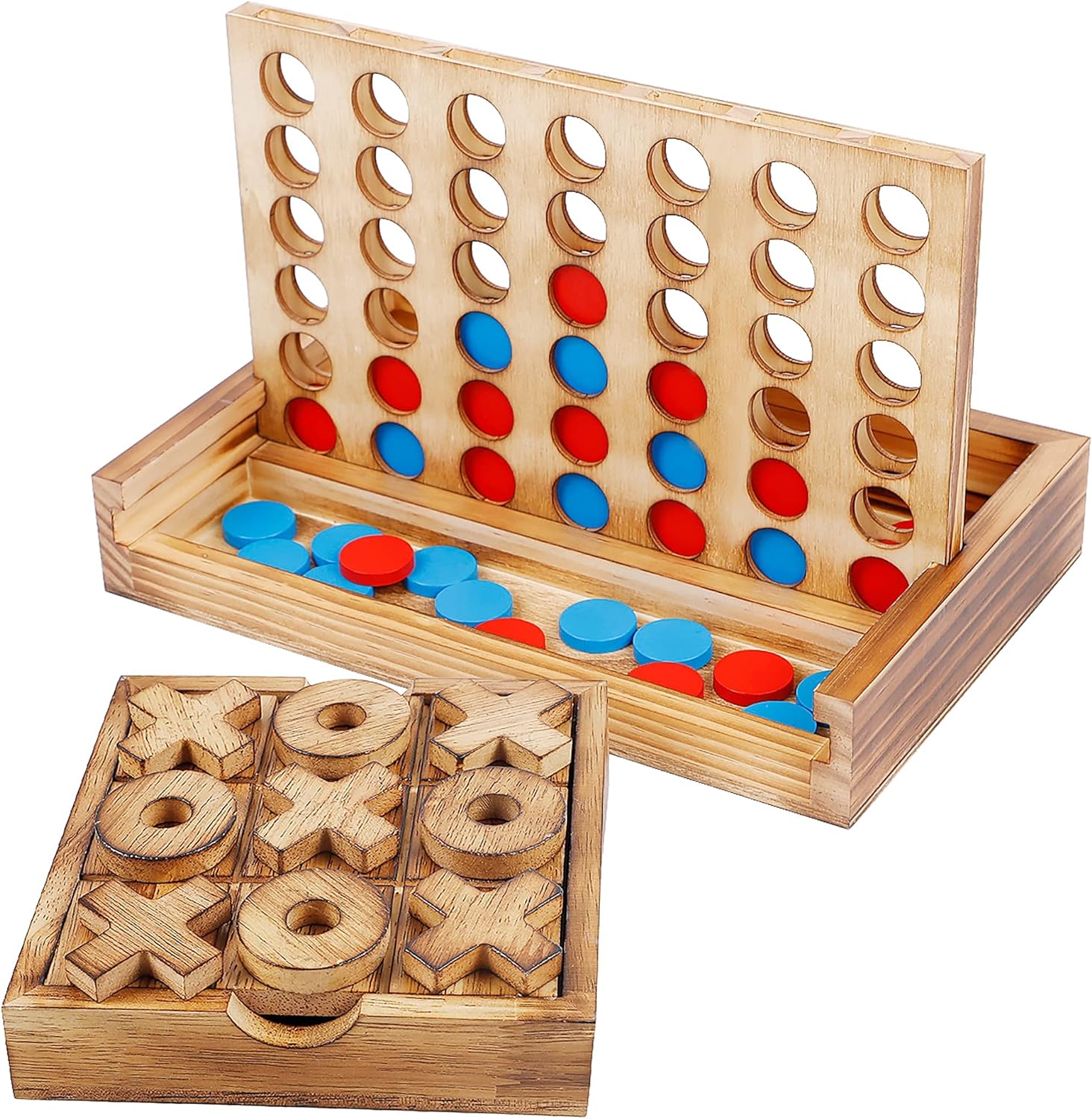 Glintoper Tic Tac Toe & 4 in a Row Table Games Set - Rustic Decor Wood Strategy Board Games for Families