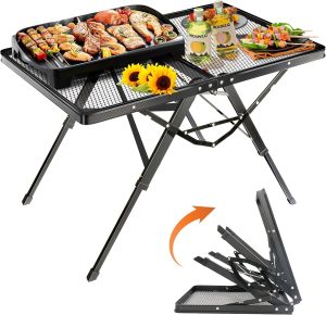 HPC DECOR Grill Table with Mesh Desktop,200lbs 3Ft Portable Folding Table,Camping Table,Picnic Table,Height Adjustable Metal Table for Ourdoor, Camping, Picnic, BBQ and Beach, RV, 35.4" L x 23.6" W