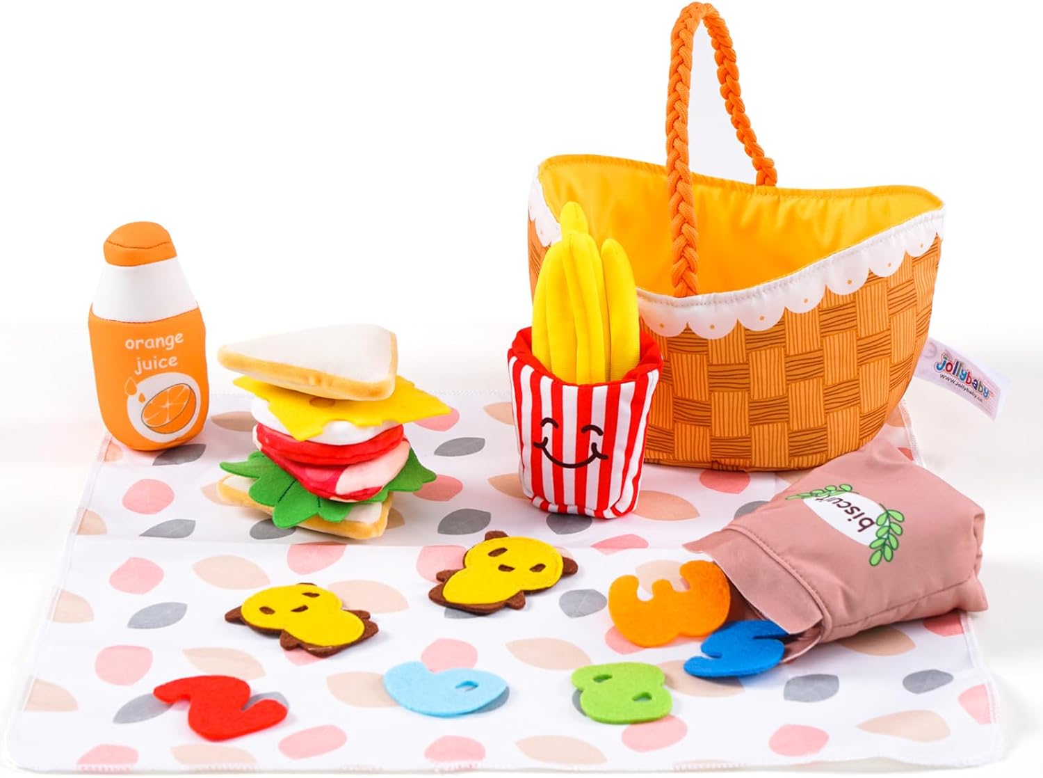 Jollybaby Mini Soft Cloth Kitchen Pretend Play Food Toys for Toddlers 1-3, Fabric Picnic Basket Fake Food Toys Set for Baby 0-6-12 Month, Montessori Sensory Stuffed Food Toys for Newborn Baby Gift