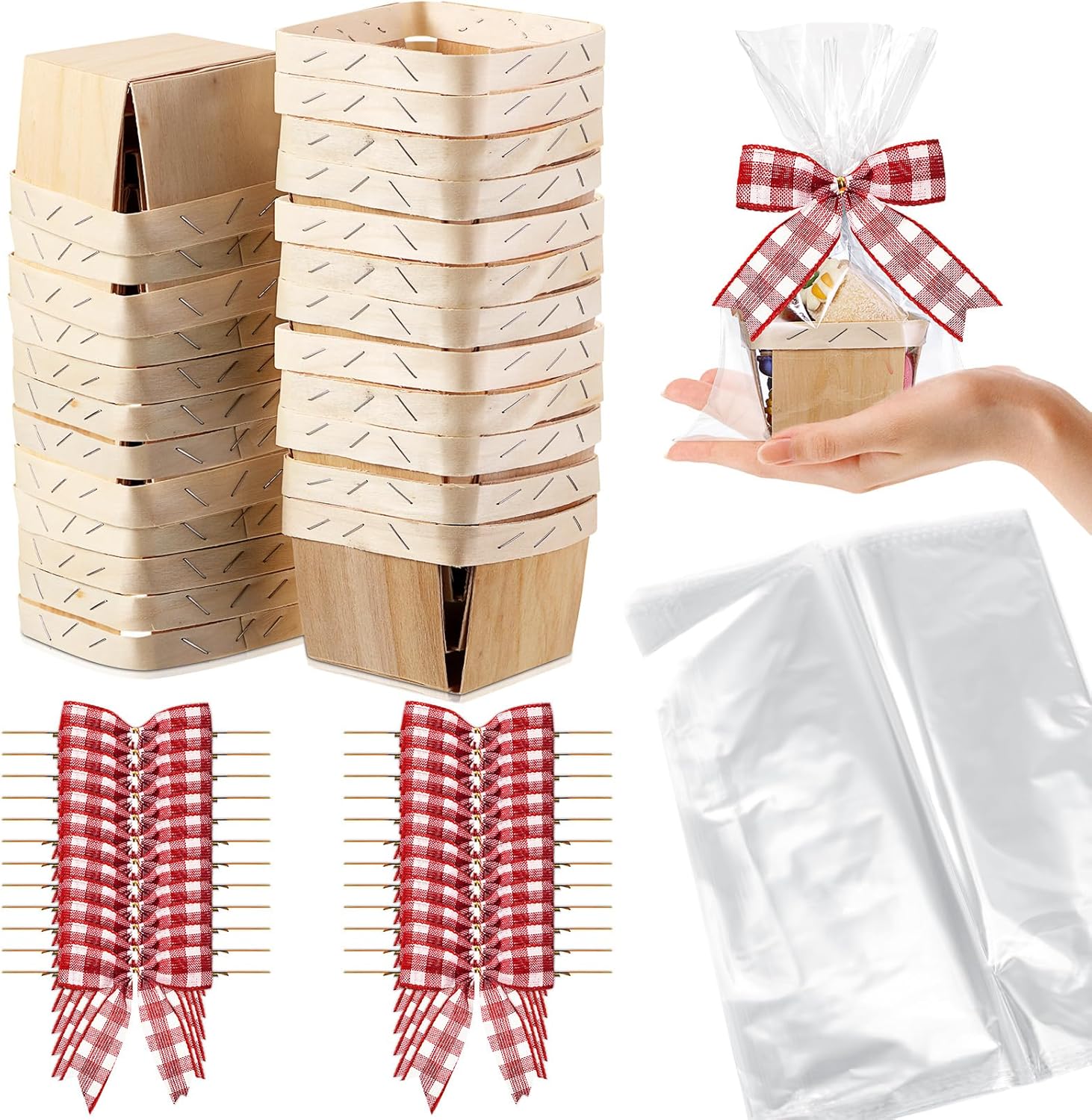 Kigley 24 Set Wooden Gift Baskets Empty Small Gift Basket with Cellophane Bags Bows Basket Kit for Easter DIY Picking Fruit Birthday Wedding Bow Party(4 Inch,Red and White)