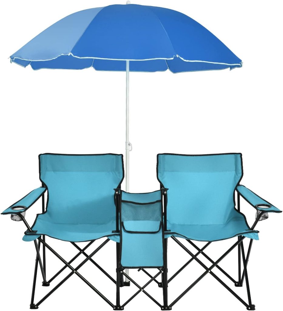 MAT EXPERT Folding Double Camp Chair w/Removable Umbrella, Portable Picnic Chair w/Mini Table, Chair Set w/Beverage Holder, Portable Loveseat Camp Chairs for Beach, Backyard, Poolside (Turquoise)