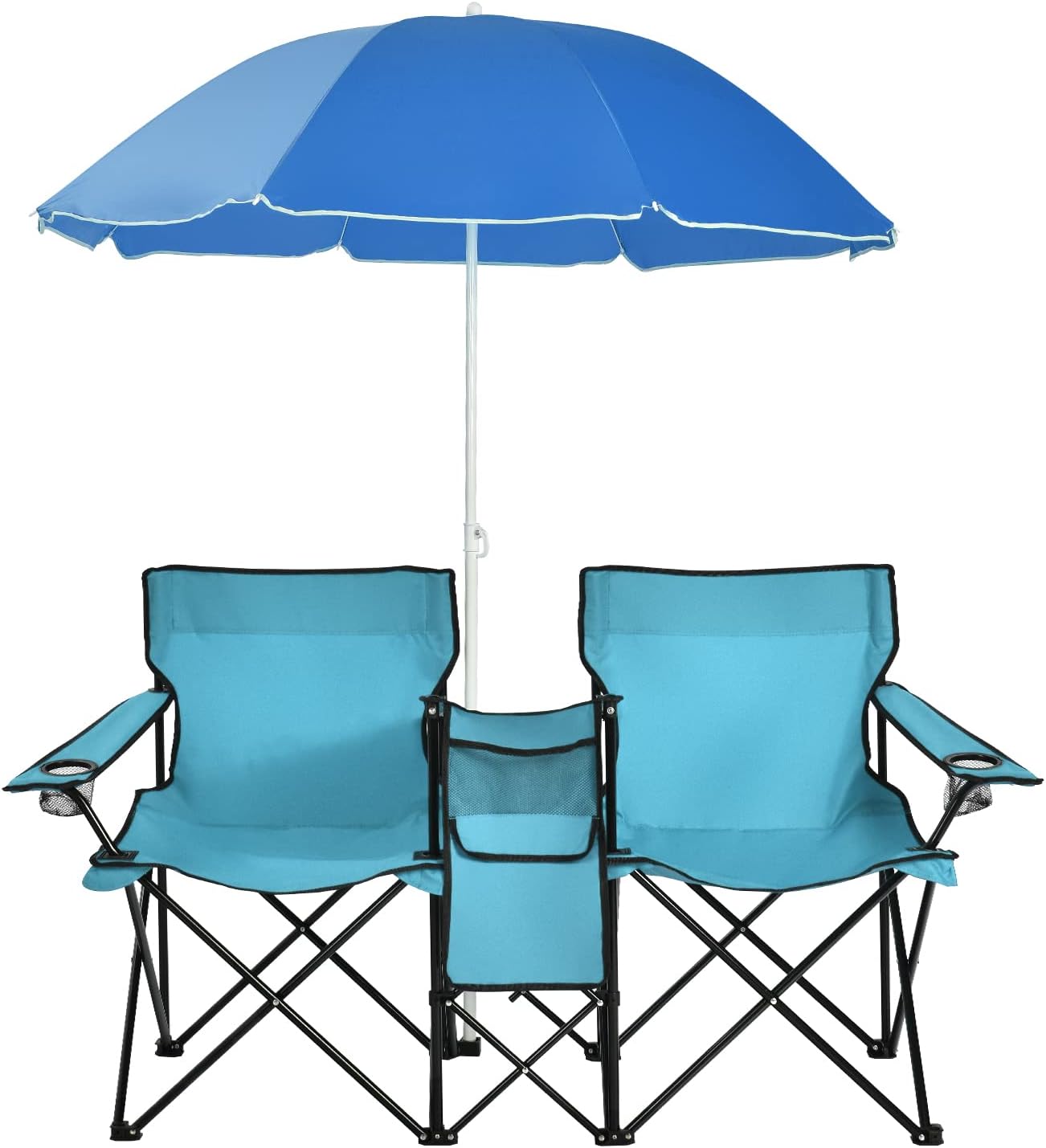 MAT EXPERT Folding Double Camp Chair w/Removable Umbrella, Portable Picnic Chair w/Mini Table, Chair Set w/Beverage Holder, Portable Loveseat Camp Chairs for Beach, Backyard, Poolside (Turquoise)
