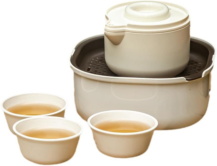 MIUPOO Travel Tea Set,Portable Teapot Teacup Set,Reusable China Kung Fu Tea Set,Mini Plastic Teapot with Tea Tray and Filter Suitable for Picnics and Travel,Set of 7.