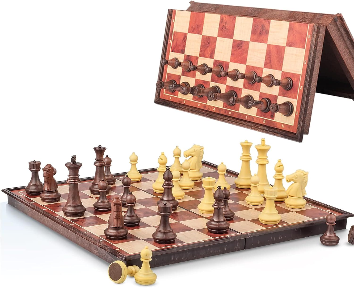 Magnetic Travel Chess Set with Storage Box - Folding Wooden-Style Chess Board, 8" Portable Pocket Mini Game for Adults & Kids, Gifts for Men Women