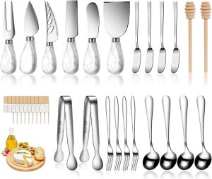 Marble Ceramics Charcuterie Accessories, Cheese Spreader Knive Set for Ceramics Silver Handle Butter knives, Mini Cheese Knife Kit Slicer With Tongs, Spoons, Forks,Honey Dipper (23 Pack)