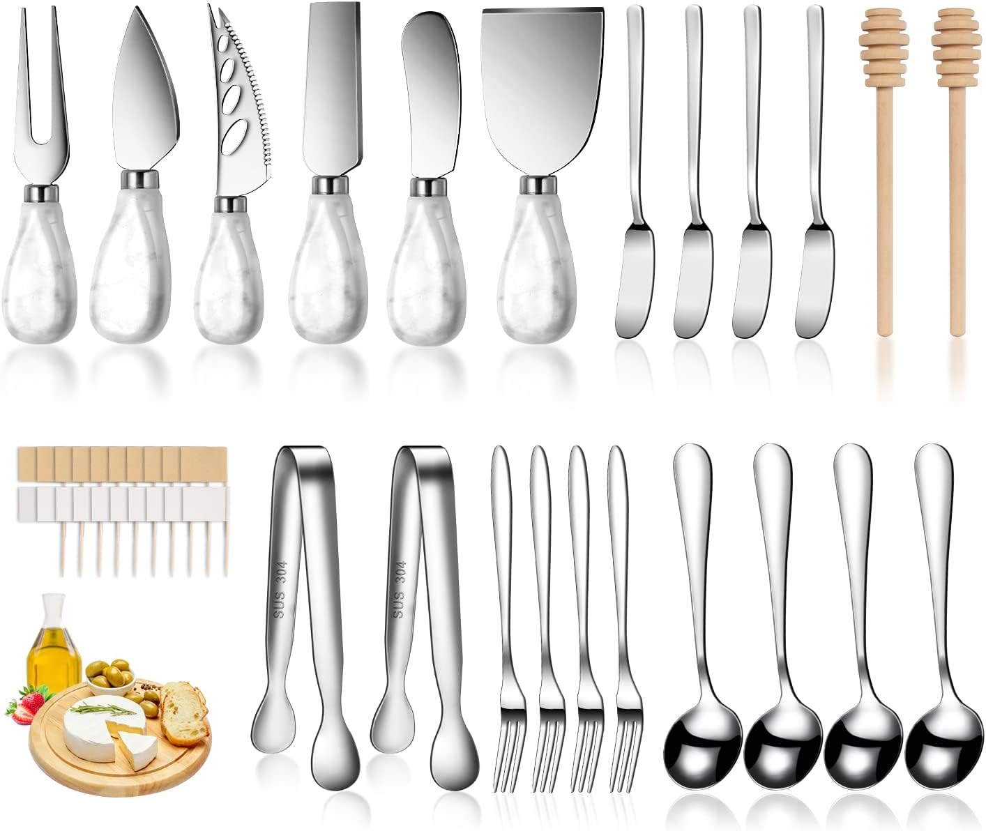 Marble Ceramics Charcuterie Accessories, Cheese Spreader Knive Set for Ceramics Silver Handle Butter knives, Mini Cheese Knife Kit Slicer With Tongs, Spoons, Forks,Honey Dipper (23 Pack)