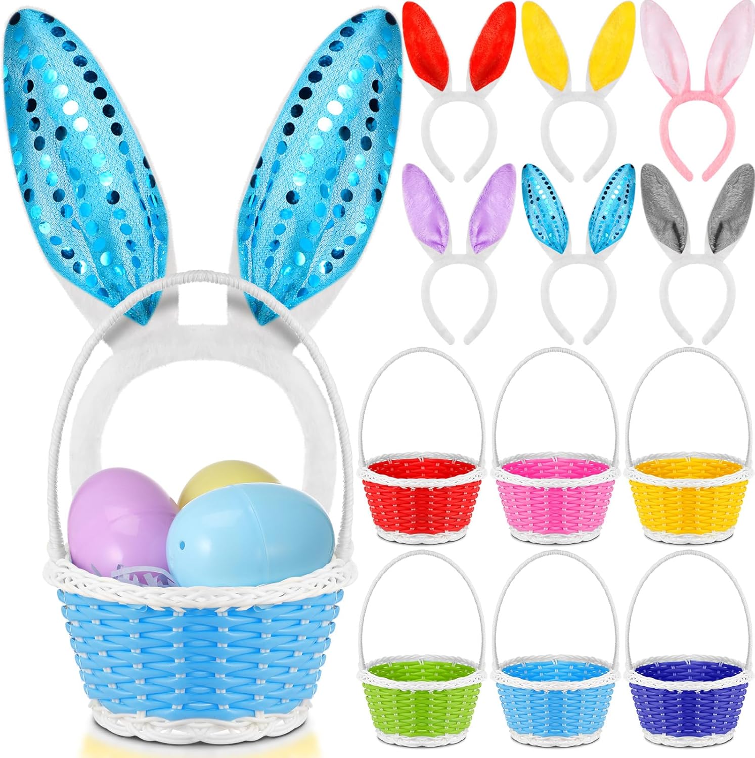 Marsui 6 Color Wicker Easter Basket with 6 Color Bunny Ears Headbands Set Eggs Easter Baskets with Handle Woven Basket Bunny Gift Baskets for Party Favor Picnic Packing