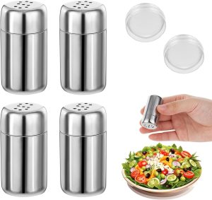 Metal Salt and Pepper Shakers, 4 Pieces Stainless Steel Salt and Pepper Shakers Refillable Salt Dispenser Containers Travel Size "S" Caps Salt Pepper Shaker Set with Lid for Kitchen Counter Camping