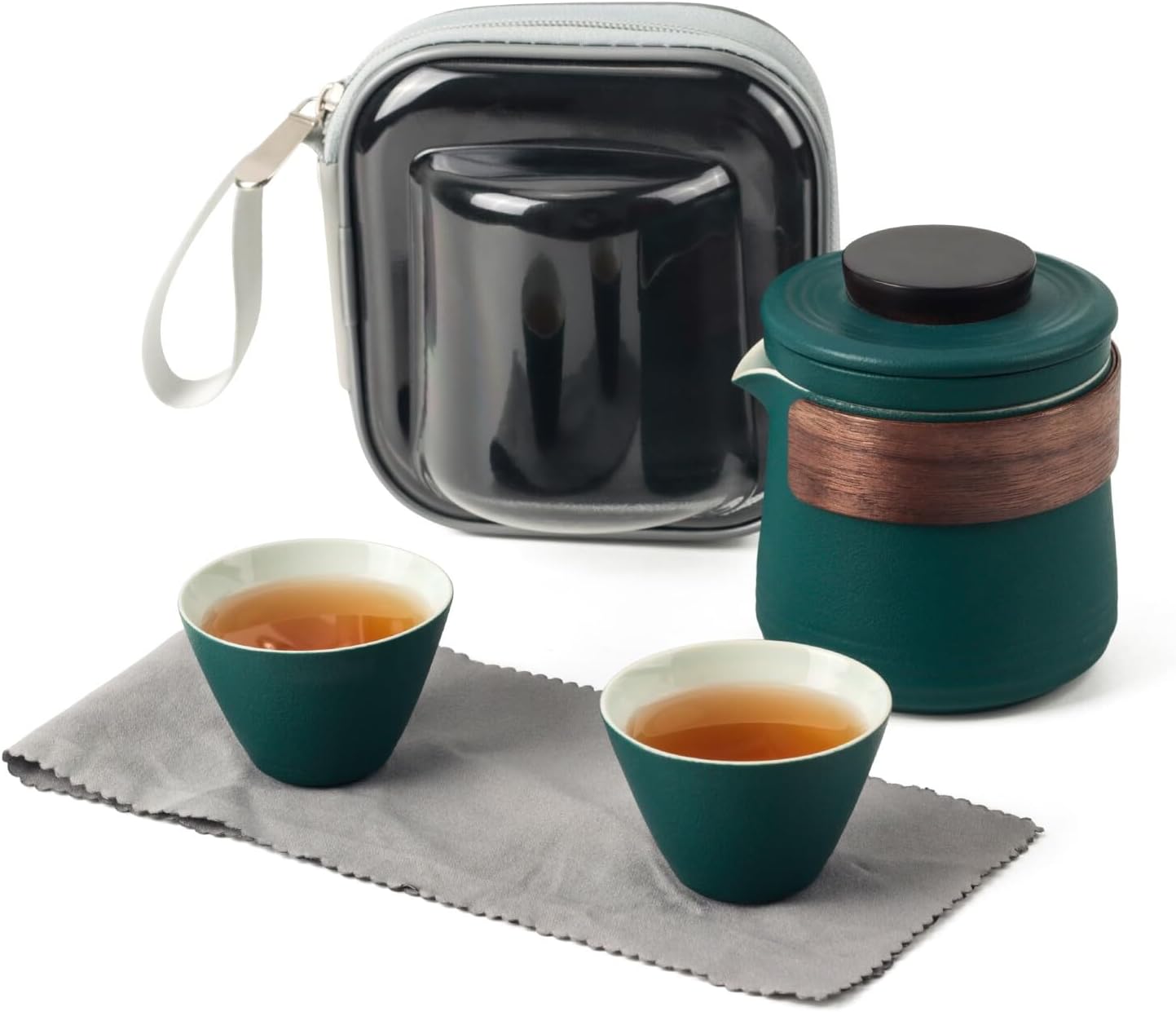 Mini Travel Kung Fu Tea Pot Cup Set with Tray - Portable Chinese Ceramic Porcelain Teapot Infuser Gift Bag All in One for Business Hotel Outdoor Picnic (Dark Green)