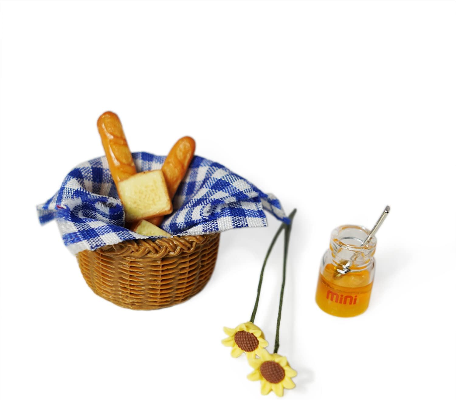 Miniature Food Dollhouse Accessories Garden Decor 1:12 Scale Bread Honey Picnic Basket Cloth Flowers 9PCS Garden Decoration Mini Room Display Props Model (Blue Picnic Cloth)