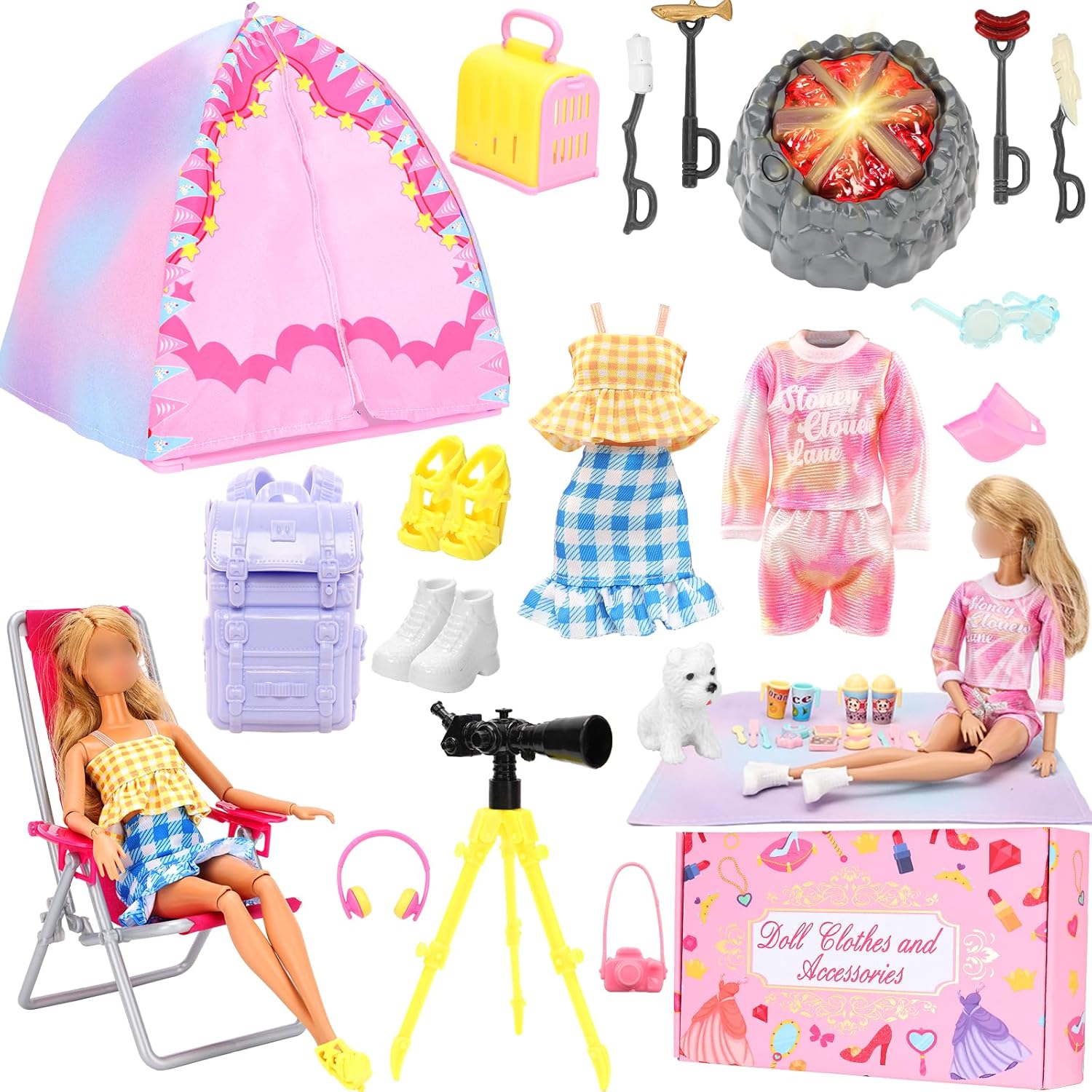 Miunana 35PCS Doll Camping Playset for 11.5" Girl Dolls - STEM Tent with Backpack, BBQ Grill & Stargazing Tools Pretend Play Outdoor Adventure Toy