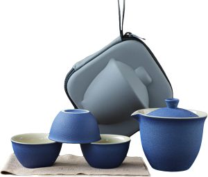 ORHA Travel Tea Set Ceramic Mini Gongfu Teapot Infuser Set Portable Gaiwan with 3 Teacups for Travel Picnic Gift (Blue)