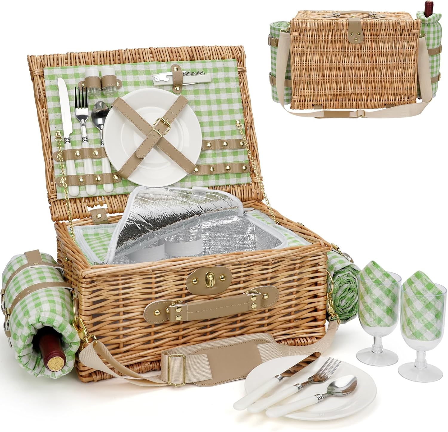 Picnic Basket for 2, Insulated Willow Picnic Baskets with Shoulder Strap, Picnic Hamper with Waterproof Picnic Blanket, Handmade Wicker Hamper for Outdoor Camping, Green Check