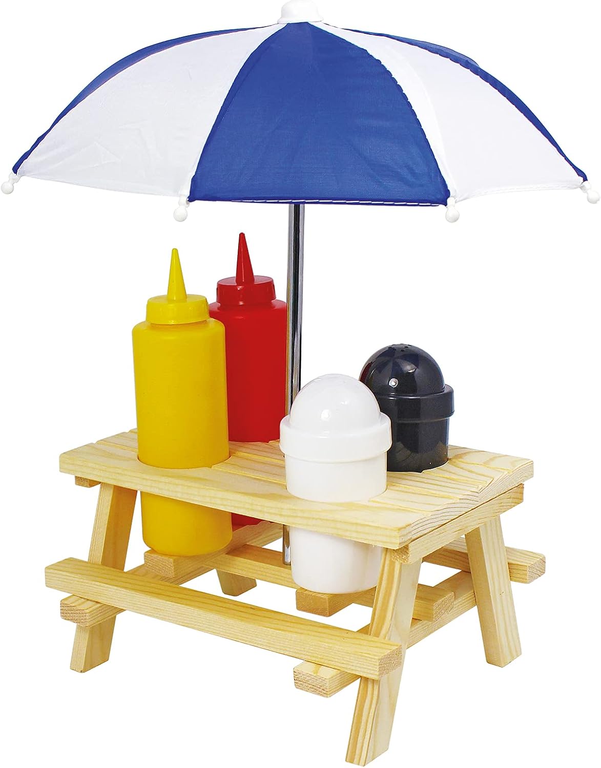 Picnic Table with Umbrella Condiment Set Includes Ketchup, Mustard, Salt and Pepper, 7.08" x 4.72" x 9.44", Multicolored - Picnic Table Ketchup and Mustard Holder - Picnic Set