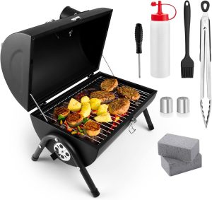 Portable Charcoal Grill Set of 9, HaSteeL Small Compact BBQ Grill, Mini Folding Outdoor Grill with Chimney, Tabletop Grill & Grilling Accessories for Barbecue Camping Picnic, Screwdriver & Thermometer