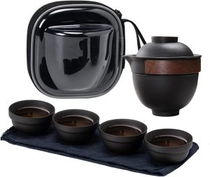 Portable Travel Tea Set, Mini Ceramic Gongfu Tea Set with 4 Teacups and 1 Gaiwan Teapot All in One Travel Bag, Stackable and Lightweight Design for Home Office Travel Camping Picnic (Black)