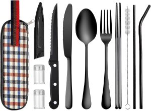 Portable Travel Utensils with Case, 10 PCS Travel Camping Cutlery Set, Reusable Utensils Set for Lunch Box for Office School Picnic