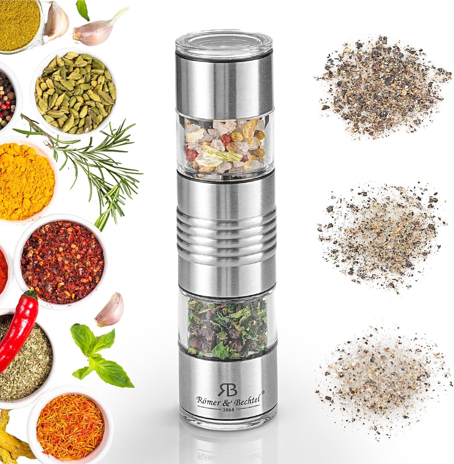 ROMER & BECHTEL 2-In-1 Salt And Pepper Grinder Set, Travel Salt And Pepper Shakers Mini, Small Salt And Pepper Grinder Refillable Mill With Adjustable & Ceramic Rotor