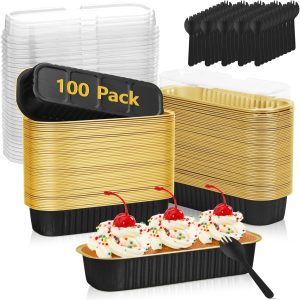 Ruckae 100 Pack Mini Loaf Pan Mini Loaf Baking Pans with Lids and Spoons,Disposable Aluminum Foil Pans, Rectangle Tin Foil Pans with Lids for Home, Pary, Picnics (Black Gold)