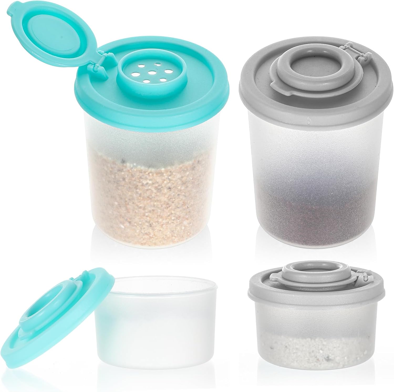 Salt and Pepper Shakers Set, 4 Pcs Mini Plastic Spice Shakers with Moisture Proof Lids, Perfect for Camping Picnic Travel Lunch Boxes Kitchen Clear with Grey and Mint Lids, Small & Medium Sizes