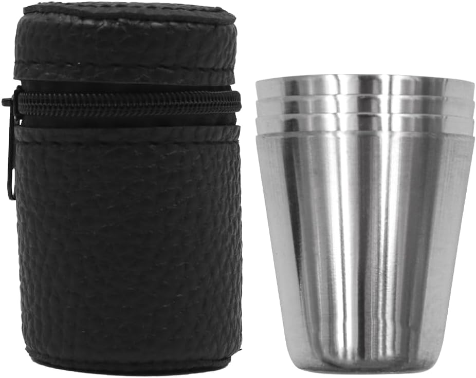 Set of 4 NUZAMAS Stainless Steel Shot Cups 30ml Portable Mini Wine Cups Drinking Vessel with Leather Carrying Case for Hiking Camping Travel Picnic