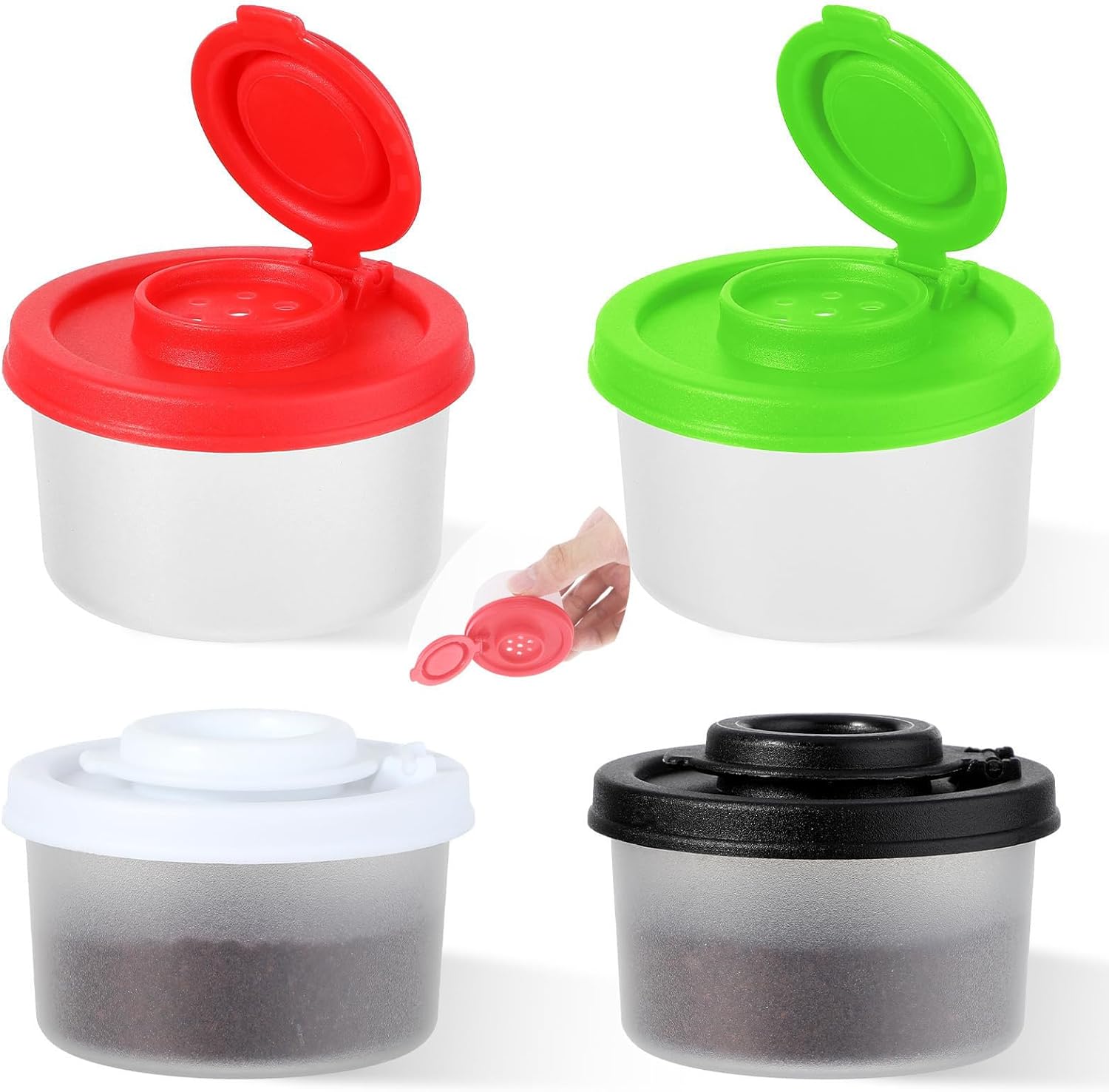 Set of 4 Salt and Pepper Shakers Moisture Proof Small Mini Salt Shaker to go Camping Picnic Outdoors Kitchen Lunch Boxes Travel Spice Set Clear with Red Covers Plastic Airtight Dispenser