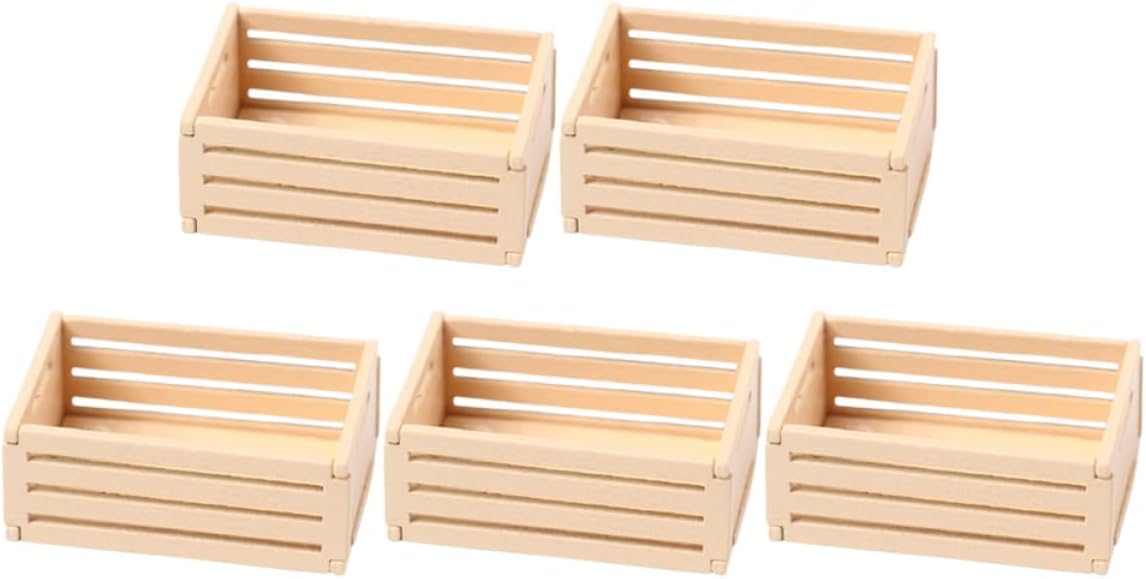Set of 5 Handmade Mini Wooden Crates Pine Wood Dollhouse Storage Bins for Miniature Picnic Dec