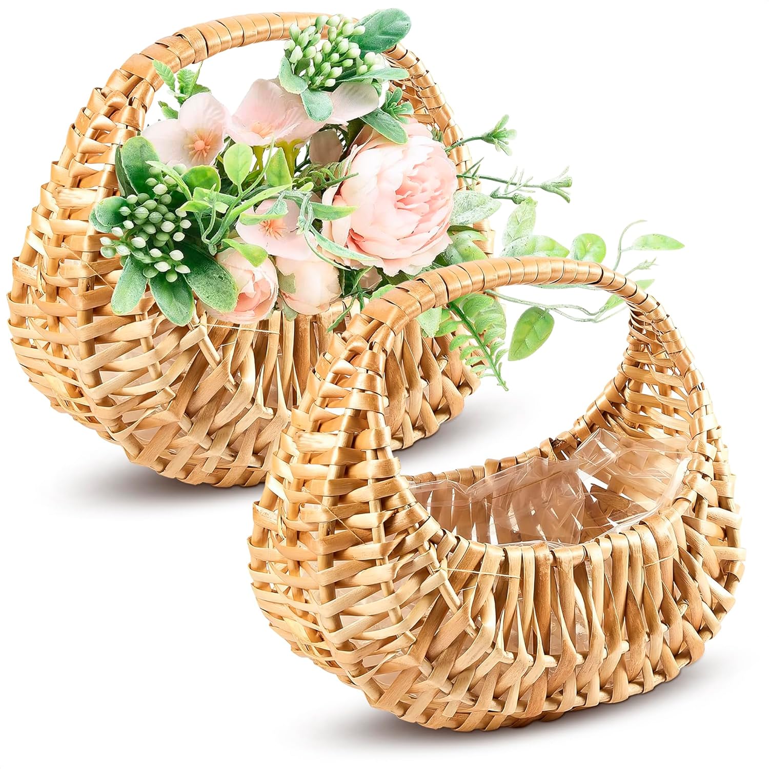 Small Flower Girl Basket Set of 2 – Small Wicker Basket with Handle & Waterproof Lining (6.3" х 5.12" х 3.75 ") for Wedding Flowers, Sweets & Gifts – Compact, Lightweight & Multifunctional