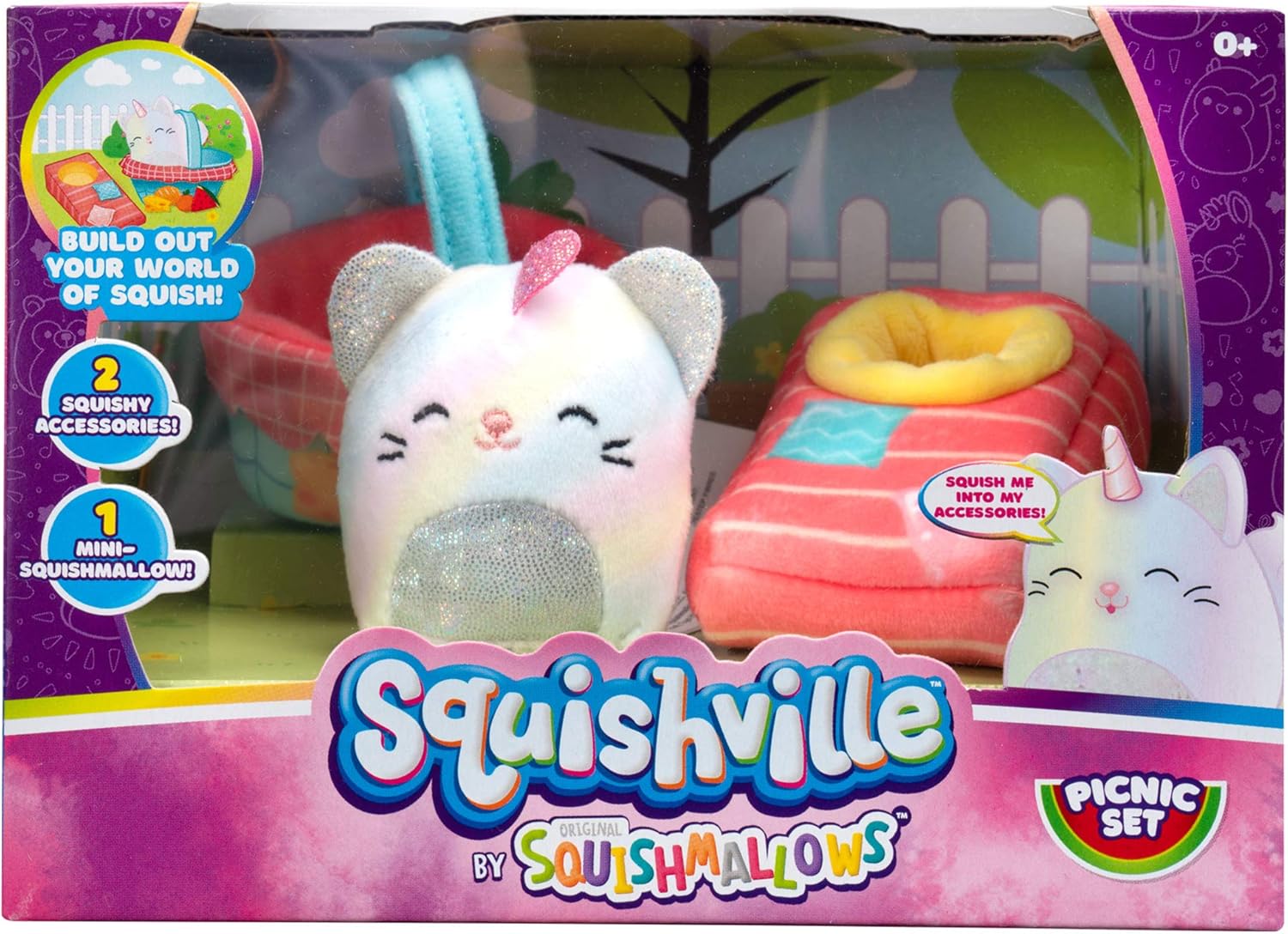 Squishville by Squishmallows Plush Room Accessory Set, 2” Camilla Mini-Squishmallow and 2 Plush Accessories, Marshmallow-Soft Animals, Picnic Toys
