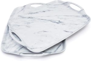 TP Serving Tray with Handles, Large Rectangular Melamine Serving Platter Set of 2, White Marble (19" x 12")