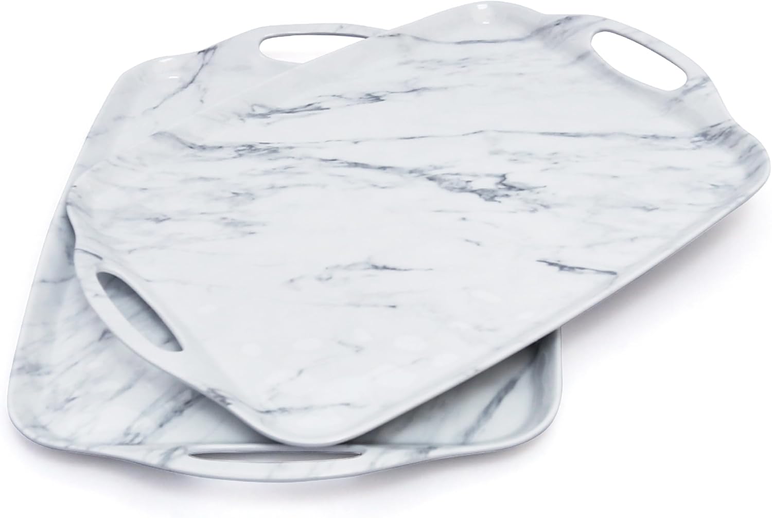 TP Serving Tray with Handles, Large Rectangular Melamine Serving Platter Set of 2, White Marble (19" x 12")