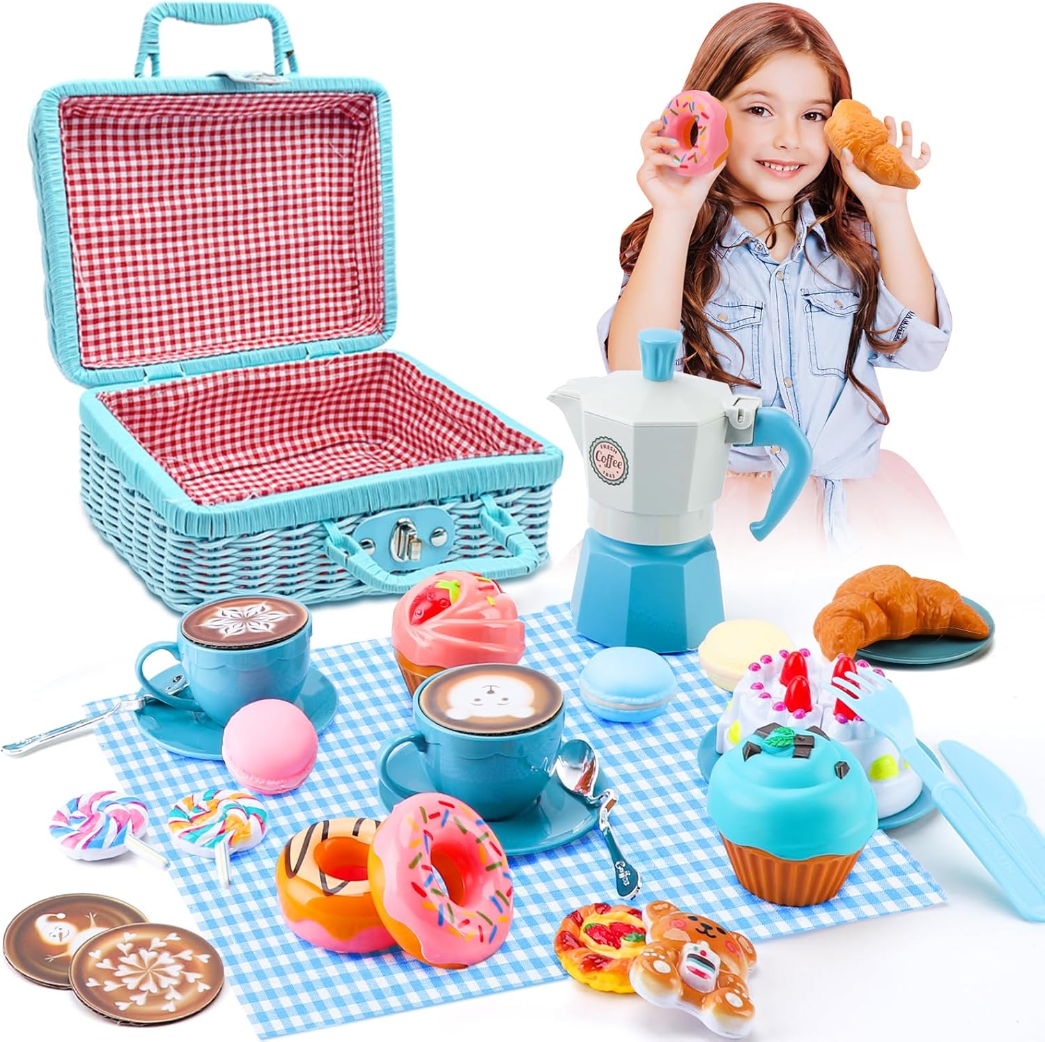 Tea Party Set for Little Girls, 30 Pcs Picnic Basket Set with Carry Case, Teapot, Tea Cup, Dessert & Table Cloth, Toy Gifts for Kids 4 5 6 Year Old (Blue)…