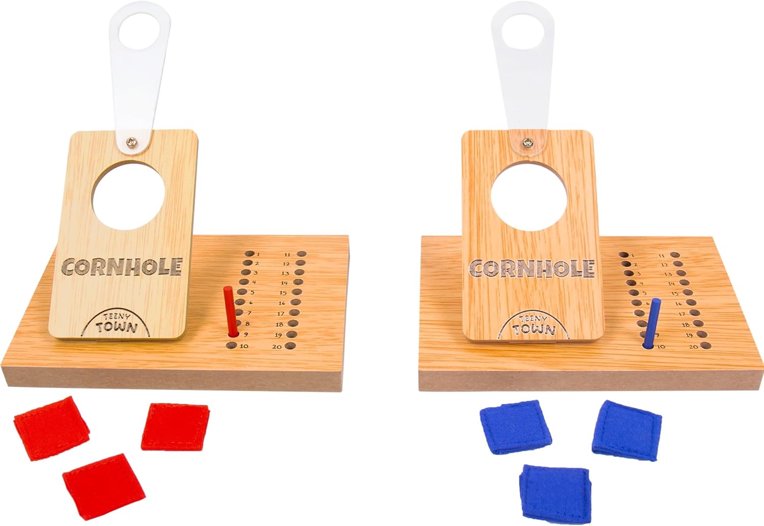 Teeny Town Cornhole Toss. Mini Cornhole Game. Tiny Novelty Challenge Games. Includes 2 Launch Pads + Targets, 6 Mini Bean Bags & 2 Scoring Pegs. 2 Player Games. Fun Travel Games. Party Games