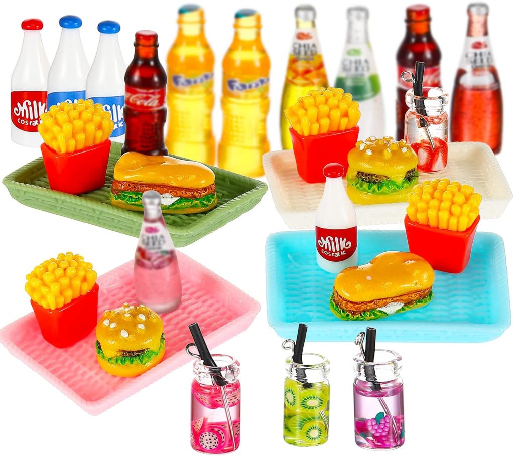 Vinsot 28 Pieces Dollhouse Fast Food Set Mini Drink Miniature Food Mixed Dollhouse Miniature Resin Hamburger Fries Milk Juice Pretend Play Tiny for Mini Accessories