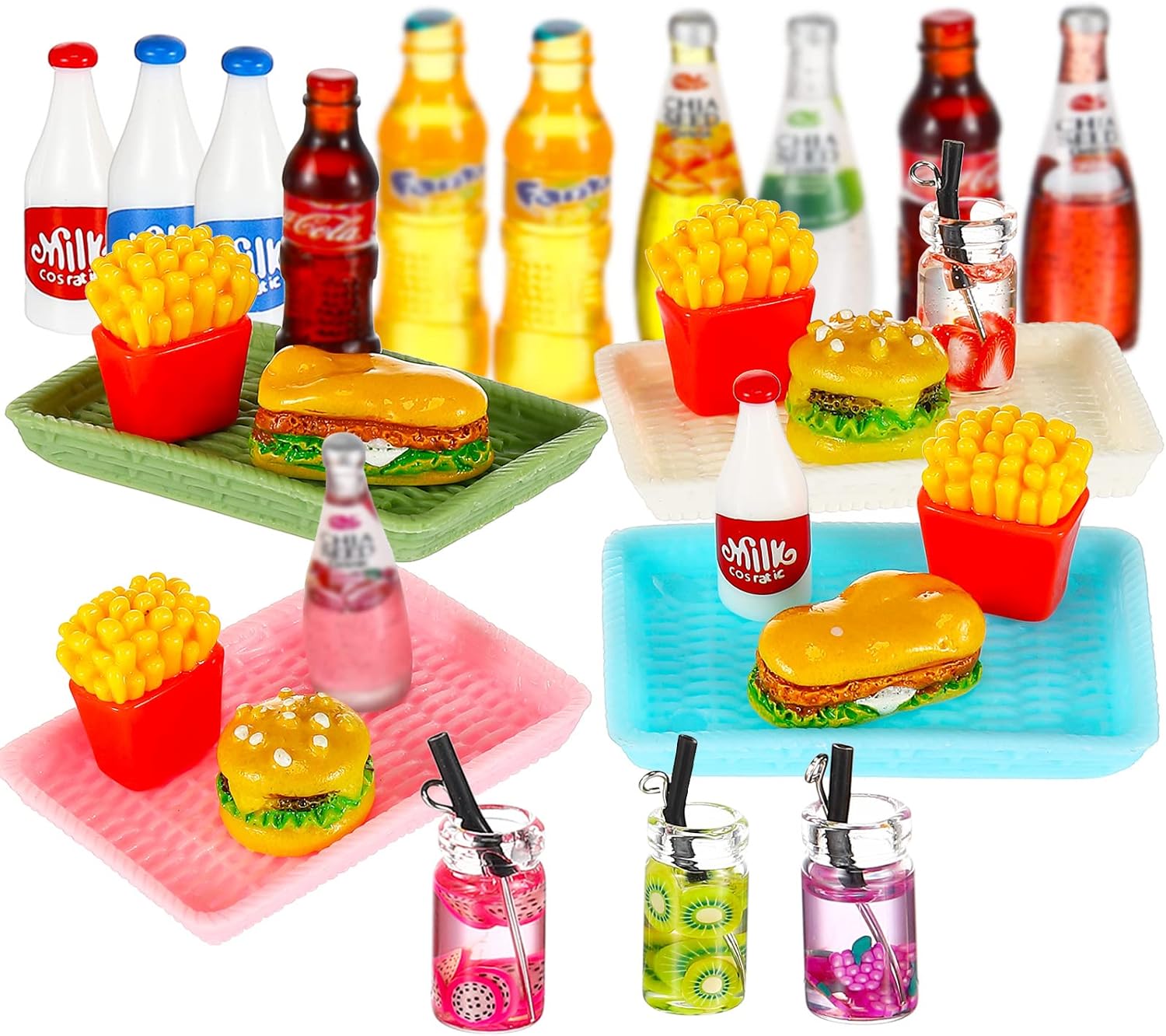Vinsot 28 Pieces Dollhouse Fast Food Set Mini Drink Miniature Food Mixed Dollhouse Miniature Resin Hamburger Fries Milk Juice Pretend Play Tiny for Mini Accessories