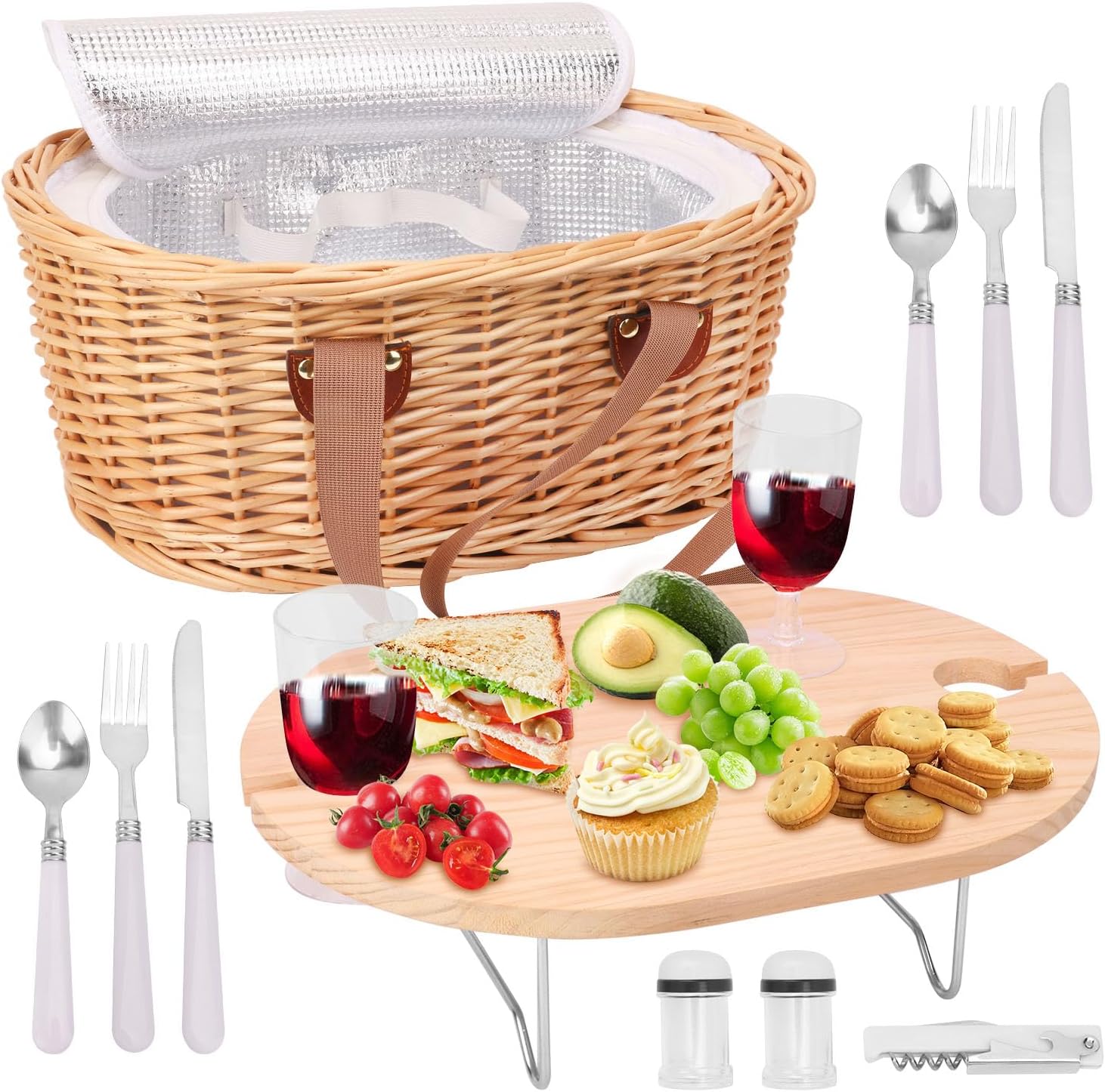 Wicker Picnic Basket Set for 2 Person with Mini Folding Table and Insulated Cooler Bag, Picnic Basket with Woven Handle Design & Tableware Accessories, Woven Oval Picnic Basket for Outdoor
