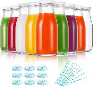 YEBODA 11oz Glass Milk Bottles with Reusable Metal Twist Lids and Straws for Beverage Glassware and Drinkware Parties, Weddings, BBQ, Picnics, Set of 9