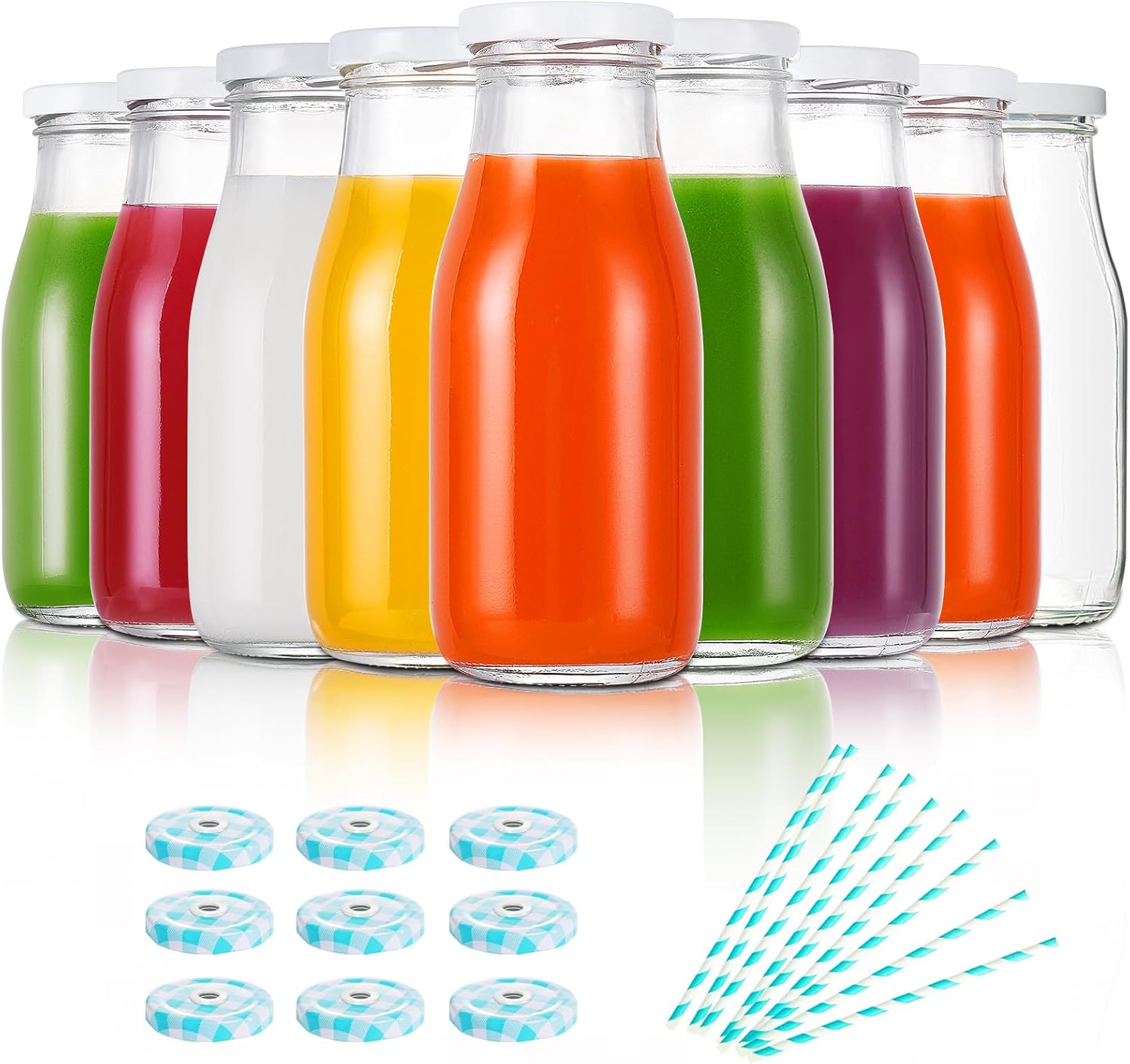 YEBODA 11oz Glass Milk Bottles with Reusable Metal Twist Lids and Straws for Beverage Glassware and Drinkware Parties, Weddings, BBQ, Picnics, Set of 9