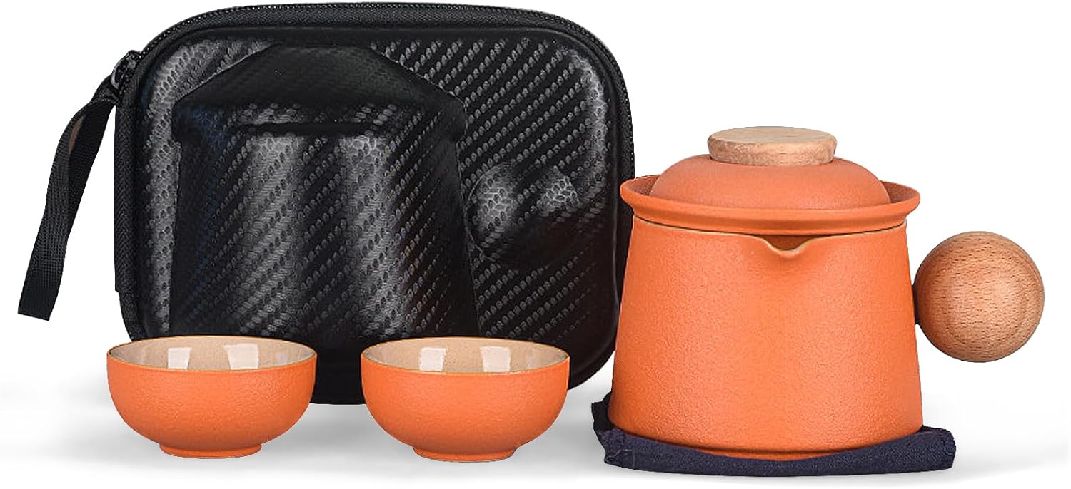 fanquare Travel Ceramic Tea Set with Tea Infuser, Chinese Gung Fu Teapot Set, 1 Pot 3 Cups in Portable Bag for Outdoor Use, Porcelain Teacup Set for Picnic, Orange