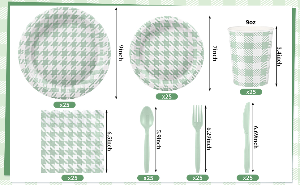 sage green gingham plates