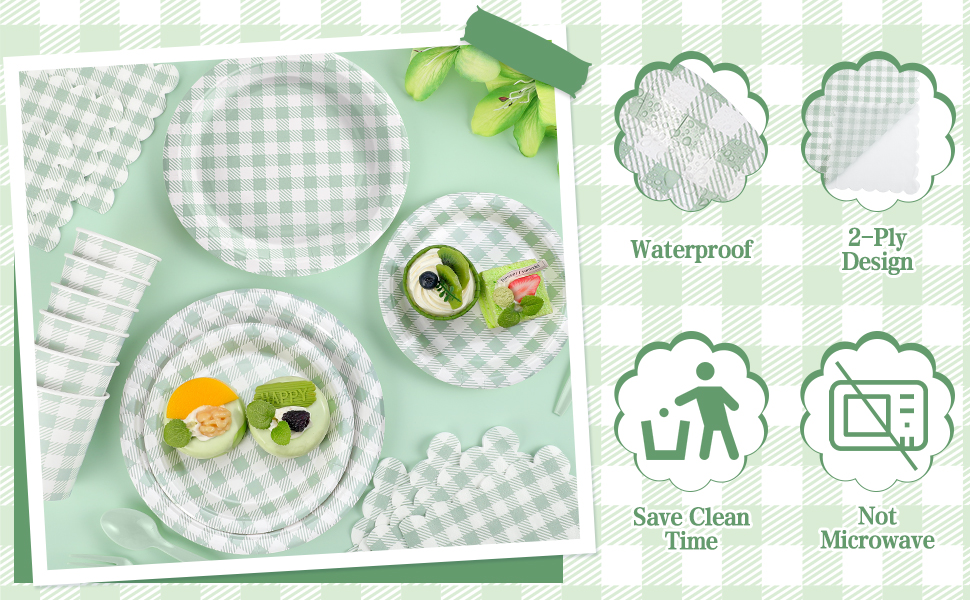 sage green gingham plates