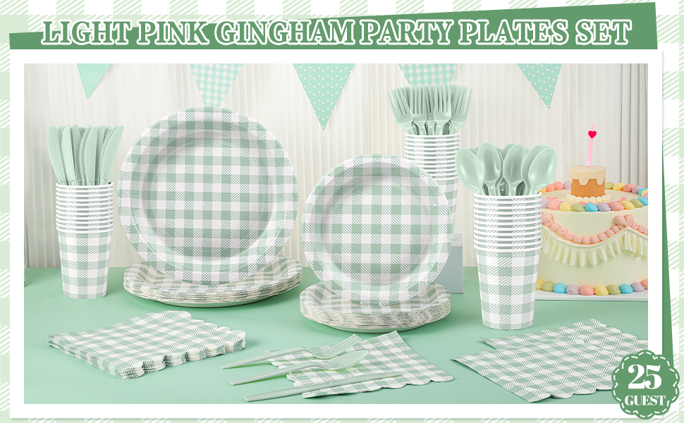 sage green gingham plates