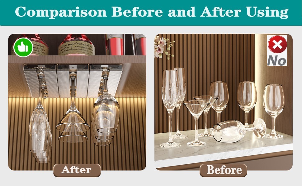 Comparison Before and After Using：Wine Glass Rack Under Cabinet Space Saving