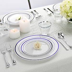 Fancy Disposable Plates with Cutlery - Blue Plastic Party Plates - Silverware for Weddings