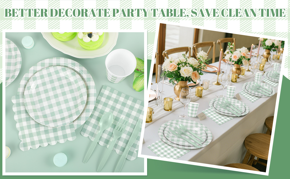 sage green gingham plates