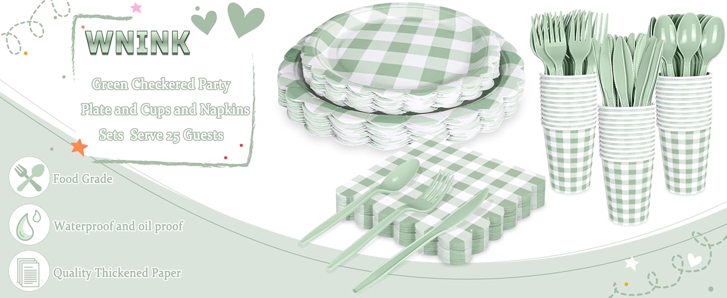 Sage Green Gingham Plates and Napkins set