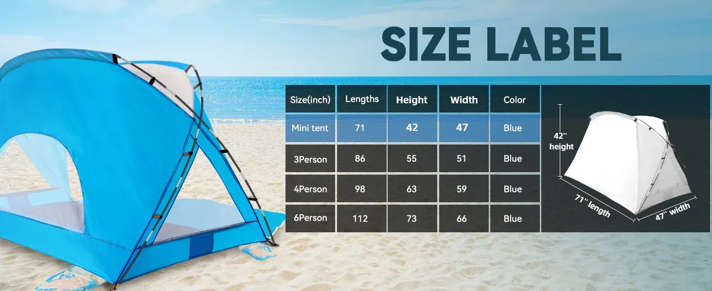 mini tent size label