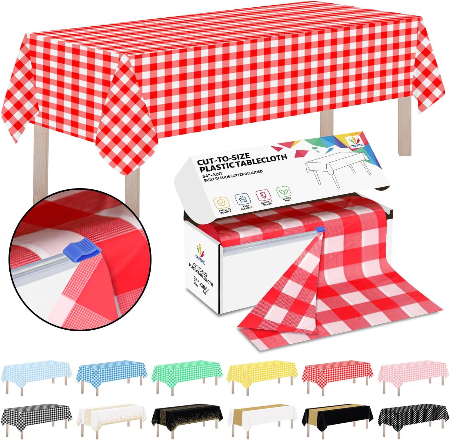 CXPSINC Plastic Table Cover Roll with Slide Cutter, Disposable Tablecloth Roll for Picnic, Party, Banquet, Birthdays, Weddings (Red Checkered, 54 Inch X 300 Feet)