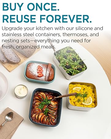 UKonserve Silicone and Stainless Steel Containers Storing Food on Table