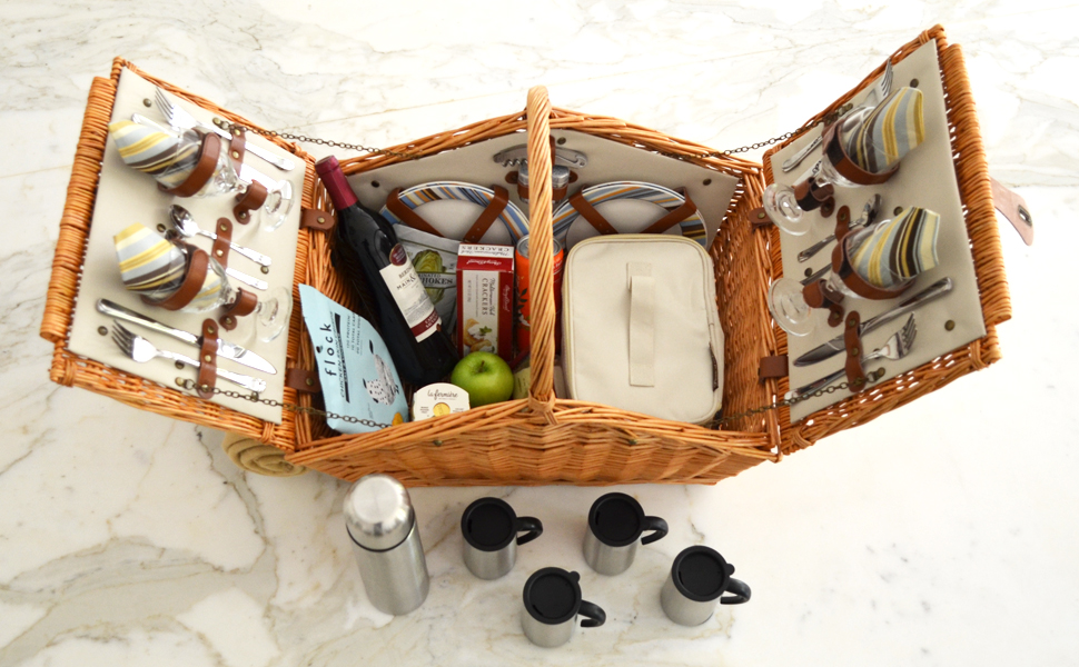Picnic basket open on the counter